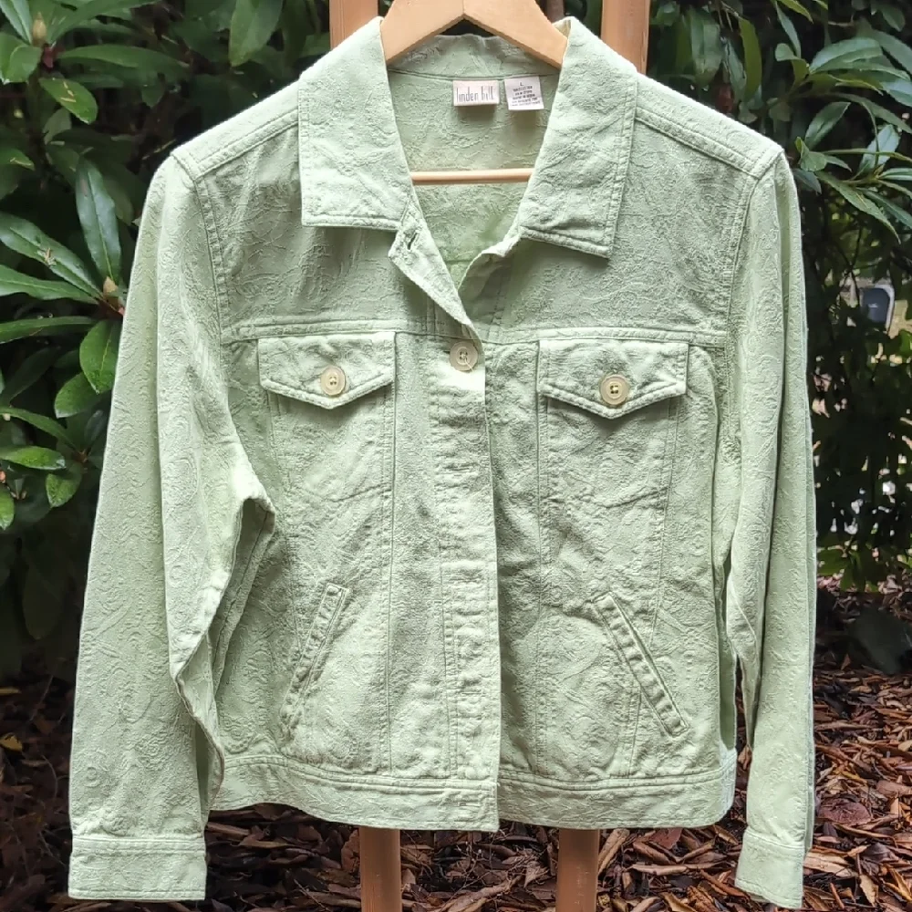 Vintage Green Button Down Jacket / Coat Paisley Embossed Fabric - Picture 1 of 5